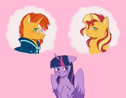 Size: 1241x966 | Tagged: safe, alternate version, artist:tinypurplebrush, imported from derpibooru, sunburst, sunset shimmer, twilight sparkle, alicorn, pony, unicorn, bisexual, blushing, chest fluff, cloak, clothes, female, glasses, grin, horn, lesbian, male, mare, markings, pink background, shipping, simple background, smiling, stallion, straight, sunburst's cloak, sunsetsparkle, thought bubble, trio, twiburst, twilight sparkle (alicorn), unshorn fetlocks