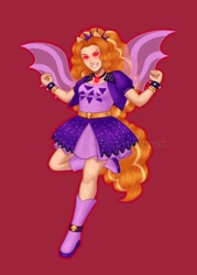 Size: 1500x2100 | Tagged: safe, artist:tinypurplebrush, imported from derpibooru, adagio dazzle, equestria girls, belt, boots, clothes, deviantart watermark, dress, evil grin, female, gem, grin, high heel boots, jacket, obtrusive watermark, red background, red eyes take warning, shoes, simple background, siren gem, smiling, solo, spiked wristband, watermark, wristband