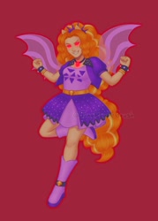 Size: 1500x2100 | Tagged: safe, alternate version, artist:tinypurplebrush, imported from derpibooru, adagio dazzle, equestria girls, belt, boots, clothes, deviantart watermark, dress, evil grin, female, gem, grin, high heel boots, jacket, obtrusive watermark, red background, red eyes take warning, shoes, simple background, siren gem, smiling, solo, spiked wristband, watermark, wristband