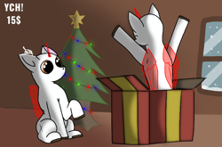 Size: 1440x950 | Tagged: safe, artist:thomas.senko, imported from derpibooru, alicorn, changeling, earth pony, griffon, pegasus, pony, unicorn, brown eyes, christmas, christmas lights, christmas star, christmas tree, cute, detailed background, duo, duo female, duo focus, duo male, duo male and female, ears up, female, folded wings, happy, holiday, horn, interior, jumping, light skin, male, present, raised hoof, shading, shadow, sitting, snow, snowfall, soft shading, surprised, tree, window, wings