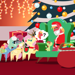 Size: 2160x2160 | Tagged: safe, anonymous artist, imported from derpibooru, big macintosh, fluttershy, gentle breeze, posey shy, oc, oc:apple sorbet, oc:late riser, oc:pink lemonade, earth pony, pegasus, pony, series:fm holidays, series:hearth's warming advent calendar 2024, advent calendar, alternate hairstyle, animal costume, baby, baby carrier, baby pony, bell, bell collar, camera, chair, christmas, christmas lights, christmas tree, clothes, collar, colt, costume, emanata, eyebrows, family, father and child, father and son, female, filly, floppy ears, fluttermac, fluttershy is not amused, foal, frown, grandparents, grin, high res, holiday, hoof hold, lineless, male, mall santa, mare, nervous, nervous grin, offspring, pacifier, parent:big macintosh, parent:fluttershy, parents:fluttermac, plewds, pointy ponies, present, question mark, raised eyebrow, red nose, reindeer costume, saddle, santa costume, shipping, short mane, shys, smiling, stallion, straight, tack, thought bubble, tree, unamused