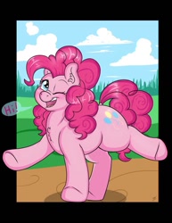 Size: 850x1100 | Tagged: safe, artist:takutanuvataio, imported from derpibooru, pinkie pie, earth pony, pony, breaking the fourth wall, chest fluff, cute, diapinkes, digital art, dock, ear fluff, female, hi, looking at you, mare, one eye closed, open mouth, open smile, outdoors, passepartout, smiling, smiling at you, solo, speech bubble, standing on two hooves, tail, talking to viewer, wink, winking at you