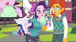 Size: 6132x3411 | Tagged: safe, spike, starlight glimmer, sunburst, twilight sparkle, alicorn, dog, dragon, horse, human, equestria girls, blushing, canterlot high, cherry, clothes, female, food, ice cream, licking, male, micro, portal, shipping, shrinking, soft vore, sparlight, spike the dog, statue, straight, tiny, tongue out, twilight sparkle (alicorn), vore