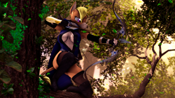 Size: 3840x2160 | Tagged: safe, alternate version, artist:shadowuwu, imported from derpibooru, oc, oc:nikytaequeen, anthro, donkey, plantigrade anthro, 3d, alternate character, ambush, archery, clothes, commissioner:nickyequeen, female, forest, genshin impact, nature, rule 63, solo, source filmmaker, tree