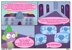 Size: 4960x3508 | Tagged: safe, artist:sweetielover, imported from derpibooru, spike, dragon, comic:scales at school, building, comic, dialogue, diaper, diaper package, door, high res, logo, male, school, solo, webcomic