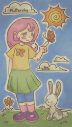 Size: 720x1280 | Tagged: safe, artist:smile-files, imported from derpibooru, fluttershy, butterfly, human, rabbit, animal, blue sky, clothes, cloud, day, full body, grass, humanized, outdoors, outline, shirt, shoes, skirt, smiling, sun