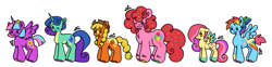 Size: 2000x497 | Tagged: safe, artist:smile-files, imported from derpibooru, applejack, fluttershy, pinkie pie, rainbow dash, rarity, twilight sparkle, alicorn, earth pony, pegasus, pony, unicorn, alternate design, appaloosa, braid, braided pigtails, chest fluff, clothes, coat markings, colored wings, colored wingtips, confetti in mane, confetti in tail, crown, ear piercing, earring, facial markings, female, freckles, group, hair over one eye, horn, jewelry, mane six, mare, mismatched hooves, one eye closed, pale belly, piercing, pigtails, ponytail, regalia, sextet, short hair rainbow dash, short mane, short tail, signature, simple background, size difference, smiling, socks, spread wings, sprinkles in mane, sprinkles in tail, standing, stripe (coat marking), tail, tiara, twilight sparkle (alicorn), white background, wings