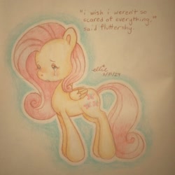 Size: 2048x2048 | Tagged: safe, artist:smile-files, imported from derpibooru, fluttershy, pegasus, pony, beige background, colored pencil drawing, crying, english, female, folded wings, full body, mare, sad, simple background, solo, text, traditional art, wings