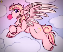 Size: 1200x1000 | Tagged: safe, artist:namelessplaza, imported from derpibooru, alicorn, pony, bubblegum, cloud, female, food, gum, lying down, solo, wings