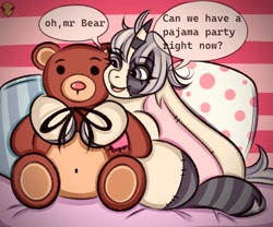 Size: 1200x1000 | Tagged: safe, artist:namelessplaza, imported from derpibooru, pony, pillow, plushie, solo, speech bubble, teddy bear