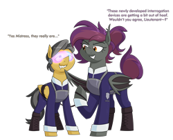 Size: 3190x2596 | Tagged: safe, artist:moonatik, imported from derpibooru, oc, oc only, oc:anneal, oc:moon sparks, bat pony, pegasus, pony, bat pony oc, bat wings, boots, clothes, female, hypnogear, hypnogoggles, hypnosis, hypnotized, male, mare, military uniform, pegasus oc, ponytail, shoes, stallion, tail, tail bun, uniform, wing to chin, wings