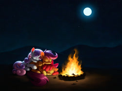 Size: 1840x1376 | Tagged: safe, imported from twibooru, apple bloom, scootaloo, sweetie belle, earth pony, pegasus, pony, unicorn, ai content, ai generated, anonymous prompter, campfire, cuddling, curled up, cutie mark crusaders, eyes closed, female, filly, generator:stable diffusion, image, moon, needs more jpeg, night, sleeping, stars, trio