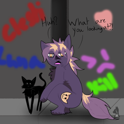 Size: 1600x1600 | Tagged: safe, artist:spectrum205, imported from derpibooru, oc, oc only, cat, earth pony, pony, animal, black cat, delinquent, graffiti, outdoors, sitting, solo, street