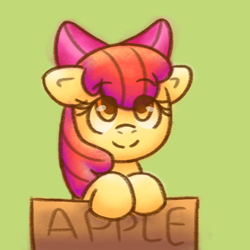 Size: 1000x1000 | Tagged: safe, artist:rosa ushiromiya, imported from derpibooru, apple bloom, earth pony, pony, apple bloom's bow, bow, box, digital art, female, foal, hair bow, if i fits i sits, looking at you, pony in a box, simple background, smiling