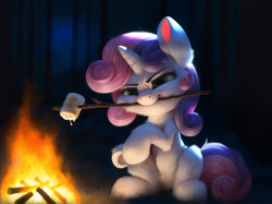 Size: 2048x1528 | Tagged: safe, imported from twibooru, sweetie belle, pony, unicorn, ai content, ai generated, anonymous prompter, campfire, cannibalism, cooking, detailed background, female, filly, fire, food, forest, generator:stable diffusion, hooves, image, marshmallow, needs more jpeg, night, roasted, roasted marshmallow, roasting, sitting, solo, stick, sweetie belle using marshmallows, tree