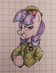 Size: 3137x4096 | Tagged: safe, artist:mirio_p2, imported from derpibooru, starlight glimmer, unicorn, clothes, donald morden, half body, hand up, horn, metal slug, military uniform, reference, smiling, solo, traditional art, uniform