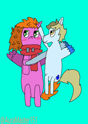 Size: 2480x3508 | Tagged: safe, artist:auramaster151, imported from derpibooru, oc, oc only, oc:aura star, oc:shell spin, pegasus, pony, beginner artist, blonde mane, blonde tail, blue background, blue coat, blushing, boyfriend and girlfriend, clothes, couple, cuddling, cute, cutie mark, cyan background, female, glasses, green eyes, holding hooves, hooves, krita, looking away, male, mare, orange mane, orange tail, pegasus oc, pink coat, red scarf, scarf, shy, simple background, spread wings, stallion, tail, wings, yellow eyes