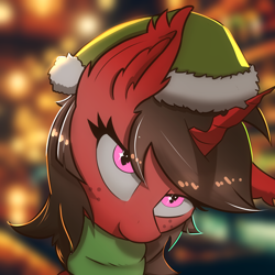 Size: 2000x2000 | Tagged: safe, artist:skylarty, imported from derpibooru, oc, oc only, bat pony, changeling, pony, bat pony oc, bat wings, beanie, changeling hybrid, changeling oc, christmas, clothes, hat, holiday, icon, scarf, solo, wings