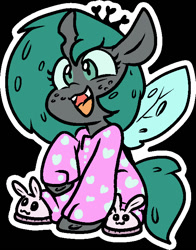 Size: 565x719 | Tagged: safe, artist:zutcha, imported from derpibooru, queen chrysalis, changeling, changeling queen, black background, bunny slippers, clothes, cute, cutealis, female, freckles, heart print, open mouth, open smile, outline, pajamas, raised hoof, simple background, slippers, smiling, solo, white outline