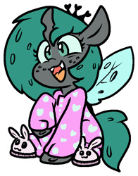 Size: 565x719 | Tagged: safe, alternate version, artist:zutcha, imported from derpibooru, queen chrysalis, changeling, changeling queen, bunny slippers, clothes, cute, cutealis, female, freckles, heart print, open mouth, open smile, pajamas, raised hoof, simple background, slippers, smiling, solo, white background