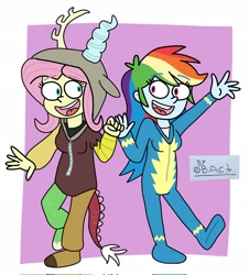 Size: 1852x2048 | Tagged: safe, artist:garybaldor, imported from derpibooru, fluttershy, rainbow dash, human, equestria girls, clothes, costume, discord costume, duo, duo female, female, flutterdash, implied discord, lesbian, open mouth, open smile, passepartout, raised leg, shipping, signature, smiling, uniform, wonderbolts uniform