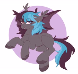 Size: 2685x2556 | Tagged: safe, artist:cheekipone, oc, oc only, oc:striking virdigris, bat pony, pony, bat pony oc, bat wings, ear piercing, eyebrows visible through hair, fangs, female, floating, floppy ears, looking at you, mare, passepartout, piercing, smiling, smiling at you, solo, spread wings, three toned mane, three toned tail, unshorn fetlocks, wings