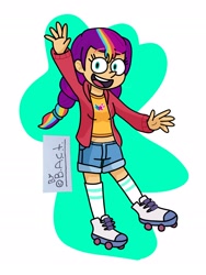 Size: 1560x2080 | Tagged: safe, artist:garybaldor, imported from derpibooru, sunny starscout, human, equestria girls, clothes, cutie mark, cutie mark on clothes, equestria girls-ified, g5, g5 to equestria girls, g5 to g4, generation leap, jacket, long socks, mane stripe sunny, open mouth, open smile, raised hand, roller skates, shirt, shorts, signature, skates, smiling, socks, solo, sunny starscout's cutie mark