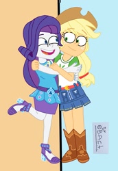 Size: 715x1040 | Tagged: safe, artist:garybaldor, imported from derpibooru, applejack, rarity, human, equestria girls, applejack's hat, boots, clothes, cowboy hat, duo, duo female, female, hat, hug, lesbian, my little pony equestria girls: better together, open mouth, open smile, raised leg, rarijack, shipping, shirt, shoes, signature, skirt, smiling