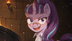 Size: 3840x2160 | Tagged: safe, imported from derpibooru, snowfall frost, starlight glimmer, pony, unicorn, a hearth's warming tail, ai content, ai generated, cauldron, clothes, evil grin, female, glasses, grin, high res, horn, indoors, looking at you, mare, my little pony, prompter:bluetoothworld, smiling, solo, wallpaper