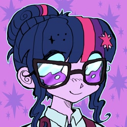 Size: 3120x3120 | Tagged: safe, artist:larvaecandy, imported from derpibooru, sci-twi, twilight sparkle, equestria girls, bangs, big eyes, bust, clothes, collared shirt, colored sclera, commission, curly eyelashes, cutie mark accessory, cutie mark background, cutie mark hair accessory, eye clipping through hair, eyelashes, female, glasses, hair accessory, hair bun, hairclip, high res, icon, looking at you, no pupils, outline, patterned background, profile picture, purple eyes, purple sclera, purple skin, shirt, sidebangs, smiling, smiling at you, solo, three toned hair, tied hair, two toned background, wingding eyes