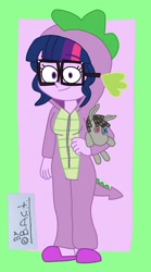 Size: 1158x2080 | Tagged: safe, artist:garybaldor, imported from derpibooru, sci-twi, smarty pants, twilight sparkle, human, equestria girls, clothes, dragon costume, female, glasses, implied spike, looking at you, onesie, pajamas, plushie, signature, slippers, smiling, solo