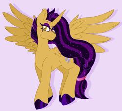 Size: 3734x3384 | Tagged: safe, artist:pearlyiridescence, imported from derpibooru, oc, oc only, alicorn, pony, alicorn oc, ear piercing, eyeliner, female, hoof shoes, horn, makeup, mare, piercing, smiling, solo, wavy mane, wings