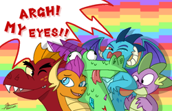 Size: 850x550 | Tagged: safe, artist:komodonnie04, imported from derpibooru, crackle, garble, princess ember, smolder, spike, dragon, boop, looking at each other, looking at someone, noseboop, one eye closed, rainbow background, smiling, yelling