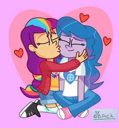 Size: 949x1024 | Tagged: safe, artist:garybaldor, imported from derpibooru, izzy moonbow, sunny starscout, human, equestria girls, cheek kiss, clothes, cutie mark, cutie mark on clothes, duo, duo female, equestria girls-ified, eyes closed, female, floating heart, g5, g5 to equestria girls, g5 to g4, generation leap, hand on face, heart, heart background, izzy moonbow's cutie mark, jacket, kissing, kneeling, lesbian, mane stripe sunny, moonscout, pants, shipping, shirt, shoes, shorts, sitting, smiling, sunny starscout's cutie mark