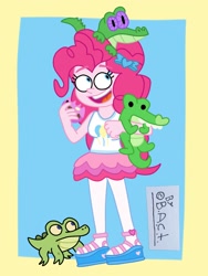 Size: 1560x2080 | Tagged: safe, artist:garybaldor, imported from derpibooru, gummy, pinkie pie, alligator, human, equestria girls, my little pony: pony life, clothes, cookie, cutie mark, cutie mark on clothes, eating, female, food, looking up, male, my little pony, open mouth, open smile, pinkie pie's cutie mark, plushie, signature, smiling