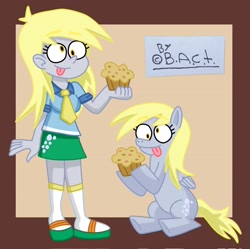 Size: 2048x2042 | Tagged: safe, artist:garybaldor, imported from derpibooru, derpy hooves, human, pegasus, pony, equestria girls, clothes, duo, duo female, female, folded wings, food, human ponidox, mare, muffin, necktie, raised hooves, self paradox, self ponidox, shirt, signature, sitting, skirt, smiling, socks, tail, that pony sure does love muffins, tongue out, wings