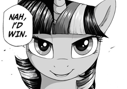 Size: 1816x1276 | Tagged: safe, derpibooru exclusive, imported from derpibooru, twilight sparkle, alicorn, pony, ai composition, ai content, bust, confident, dialogue, female, funny, horn, jujutsu kaisen, looking at you, mare, meme, nah i'd win, ponified meme, prompter:local sugar provider, reference, simple background, smiling, solo, speech bubble, text, white background