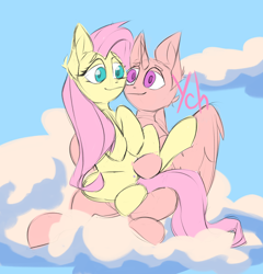 Size: 2362x2456 | Tagged: safe, artist:twee, imported from derpibooru, fluttershy, oc, pegasus, pony, auction, auction open, canon x oc, cloud, commission, commission open, dating, happy, looking at each other, looking at someone, love, outdoors, romantic, shy, sitting, sitting on person, smiling, smiling at each other, your character here