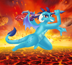 Size: 846x766 | Tagged: safe, artist:lightningstarsc, imported from derpibooru, princess ember, dragon, bloodstone scepter, ember is not amused, evil grin, flying, grin, lava, looking at you, smiling, solo, unamused, wings