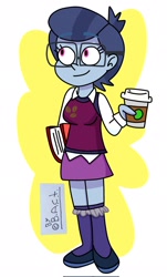 Size: 1240x2048 | Tagged: safe, artist:garybaldor, imported from derpibooru, human, equestria girls, book, clothes, coffee, equestria girls-ified, female, g5, g5 to equestria girls, g5 to g4, generation leap, glasses, paisley bluebell, signature, smiling, solo