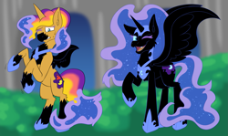 Size: 1511x900 | Tagged: safe, artist:detectivecoon, imported from derpibooru, nightmare moon, oc, alicorn, pony, unicorn, character to character, female, horn, mare, one eye closed, raised hoof, rearing, smiling, spread wings, transformation, wings, wink