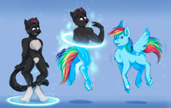 Size: 2414x1526 | Tagged: safe, artist:shokly, imported from derpibooru, rainbow dash, oc, pegasus, pony, flying, furry, furry to pony, transformation, transformation ring, transformation sequence, unshorn fetlocks