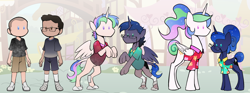 Size: 4758x1764 | Tagged: safe, artist:axiomtf, imported from derpibooru, princess celestia, princess luna, alicorn, human, pony, between dark and dawn, clothes, crooked glasses, duo, female, flower, glasses, hawaiian shirt, high res, human male, human to pony, male, male to female, mare, my little pony, royal sisters, rule 63, shirt, siblings, sisters, t-shirt, transformation, transformation sequence, transforming clothes, transgender transformation, wings