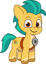 Size: 1741x2421 | Tagged: safe, imported from derpibooru, hitch trailblazer, earth pony, pony, .ai available, .svg available, colt, colt hitch trailblazer, foal, g5, male, my little pony: tell your tale, official, sheriff's badge, simple background, smiling, solo, svg, transparent background, unshorn fetlocks, vector, younger