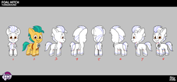 Size: 3440x1598 | Tagged: safe, imported from derpibooru, hitch trailblazer, earth pony, pony, .psd available, colt, colt hitch trailblazer, concept art, foal, g5, male, my little pony: tell your tale, official, sheriff's badge, smiling, solo, turnaround, unshorn fetlocks, younger