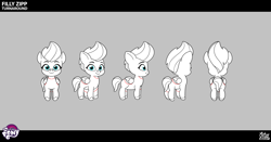 Size: 3048x1598 | Tagged: safe, imported from derpibooru, zipp storm, pegasus, pony, .psd available, behind the scenes, concept art, female, filly, filly zipp storm, foal, folded wings, g5, my little pony: tell your tale, official, smiling, solo, turnaround, unshorn fetlocks, wings, younger