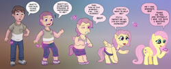 Size: 1360x554 | Tagged: safe, artist:glockens, imported from derpibooru, fluttershy, butterfly, human, pegasus, pony, disappearing clothes, female, gradient background, human to pony, male, mental shift, speech bubble, transformation, transformation sequence