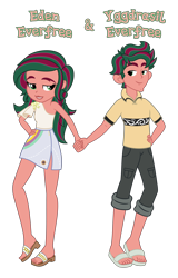 Size: 3236x5050 | Tagged: safe, anonymous artist, imported from derpibooru, oc, oc only, oc:eden everfree, oc:yggdrasil everfree, human, equestria girls, absurd resolution, barefoot, bedroom eyes, blouse, brother, brother and sister, closed mouth, clothes, description is relevant, duo, duo male and female, eyebrows, eyelashes, eyes open, feet, female, hand on hip, happy, holding hands, implied inbreeding, implied incest, implied shipping, implied twincest, inbreeding, incest, looking, looking at each other, looking at someone, male, name, offspring, open mouth, pants, parent:gloriosa daisy, parent:timber spruce, parents:timberosa, pocket, product of incest, sandals, shipping, shirt, shoes, shorts, siblings, simple background, sister, skirt, smiling, story included, straight, symbol, teeth, text, top, transparent background, twincest, twins, vector, wall of tags