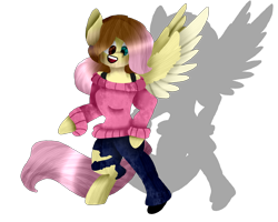 Size: 2834x2267 | Tagged: safe, artist:toffee-the-dingo, imported from derpibooru, fluttershy, human, pegasus, pony, clothes, eye color change, female, high res, human to pony, open mouth, open smile, simple background, smiling, solo, spread wings, standing, sweater, torn clothes, transformation, transparent background, wings