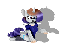 Size: 2834x2267 | Tagged: safe, artist:toffee-the-dingo, imported from derpibooru, rarity, human, pony, unicorn, clothes, eye color change, female, high res, horn, human to pony, open mouth, simple background, sitting, solo, torn clothes, transformation, transparent background